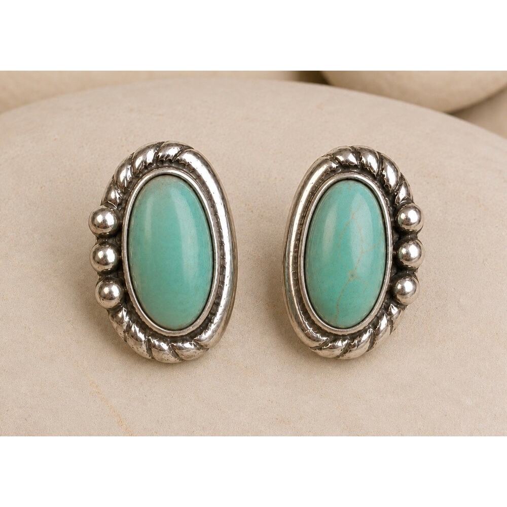 Vintage Sterling Silver Turquoise Stud Earrings Navajo Style Southwest Oval Post